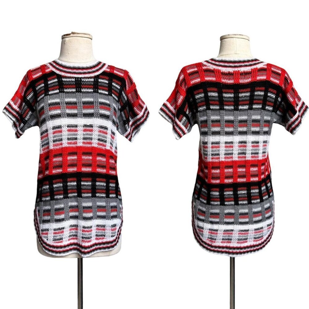 70s vintage short sleeve sweater top plaid pattern knitted acrylic hippie boho.